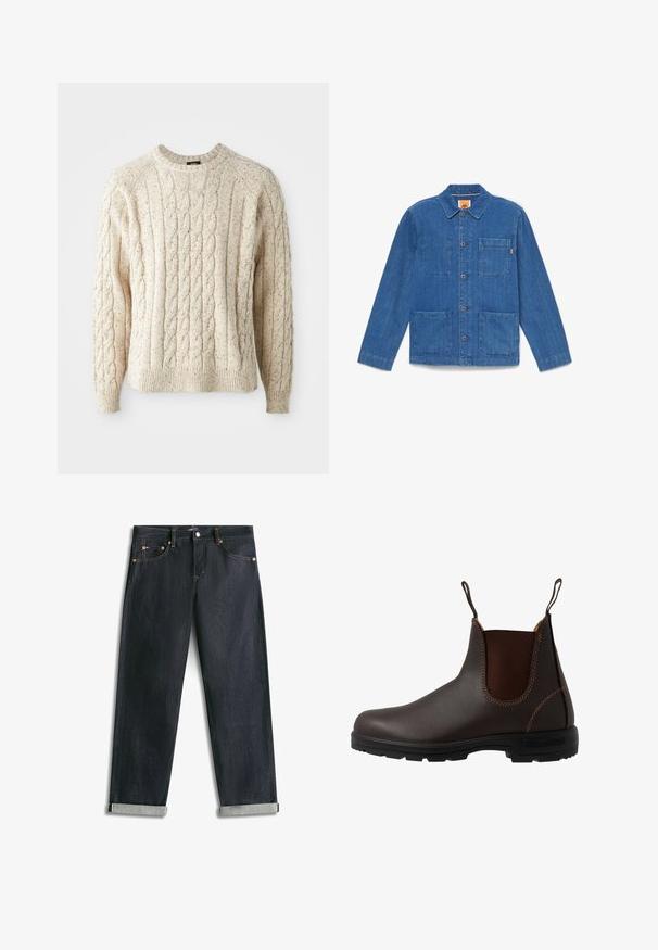Blaue Jeansjacke mit Knöpfen, langen Ärmeln, Kragen und drei aufgesetzten Taschen auf weißem Hintergrund.; Cremfarbener Kabelstrickpullover mit Rundhalsausschnitt, strukturiertem Muster und gerippten Bündchen und Saum. Hergestellt aus weicher, dicker Wolle.; Dunkelblaue Denim-Jeans mit umgeschlagenen Bündchen, fünf Taschen und kontrastierender Naht, flach auf weißem Hintergrund liegend.; Brauner Chelsea-Stiefel aus Leder mit elastischem Seiteneinsatz, brauner Naht, Zuglaschen und einer strapazierfähigen Gummisohle mit strukturiertem Muster.