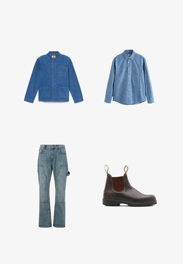 Chaqueta azul de mezclilla con botones, mangas largas, cuello y tres bolsillos delanteros de parche sobre fondo blanco liso.; Camisa azul de chambray de manga larga con botones al frente y dos bolsillos en el pecho, desplegada sobre un fondo blanco.; Pantalones cargo de mezclilla azul claro con un diseño de pierna recta, que cuentan con múltiples bolsillos y un cierre de botón en la cintura.; Botas Chelsea de cuero marrón con paneles laterales elásticos y tiradores. Parte superior texturizada, suela de goma duradera y detalle de costura en contraste.
