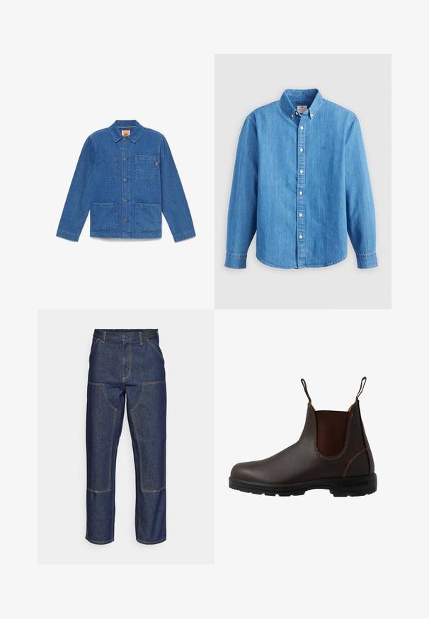 Blauwe denim jas met knopen, lange mouwen, kraag en drie opgestikte zakken aan de voorkant, afgebeeld op een effen witte achtergrond.; Lichtblauw denim overhemd met lange mouwen, button-down kraag en witte knopen. Heeft een klein geborduurd logo op de borst.; Donkerblauwe denim jeans met een hoge taille, rechte pijpen, contrasterende stiksels en opgestikte zakken aan de voorkant.; Bruine leren Chelsea-laars met elastisch zijpaneel, bruine stiksels, trekriempjes en een duurzame rubberen zool met een gestructureerd patroon.