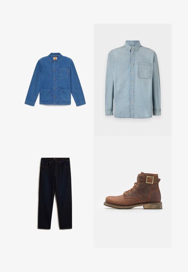 Blauwe denim jas met knopen, lange mouwen, kraag en drie opgestikte zakken aan de voorkant, afgebeeld op een effen witte achtergrond.; Lichtblauwe denim shirt met lange mouwen, een knoopsluiting aan de voorkant en een enkele borstzak. Het heeft een klassieke kraag en standaard manchetten.; Vans Relaxed fit jeans - dark blue; Harley Davidson VNTGMOTO SHORT RIDING APPROVED - Cowboy-/Bikerlaarsjes - brown