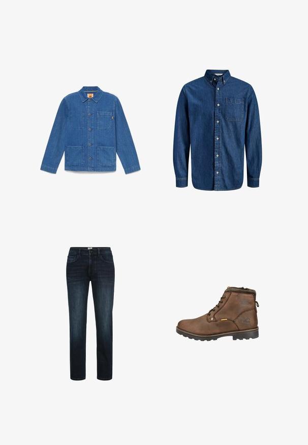 Blaue Jeansjacke mit Knöpfen, langen Ärmeln, Kragen und drei aufgesetzten Taschen auf weißem Hintergrund.; Dunkelblaues Denimhemd mit langen Ärmeln, Knopfleiste vorne, spitzem Kragen, einer Brusttasche und klassischen Nahtdetails.; Dunkelblaue Denim-Jeans mit geradem Bein, ausgestattet mit fünf Taschen, einem Knopfverschluss und dezentem Verblassen an den Oberschenkeln.; Braune Leder-Ankle-Boots mit runder Zehenpartie, Schnürdesign, gepolstertem Kragen und strukturiertem Gummisohle. Mit Logo und Metallelementen ausgestattet.