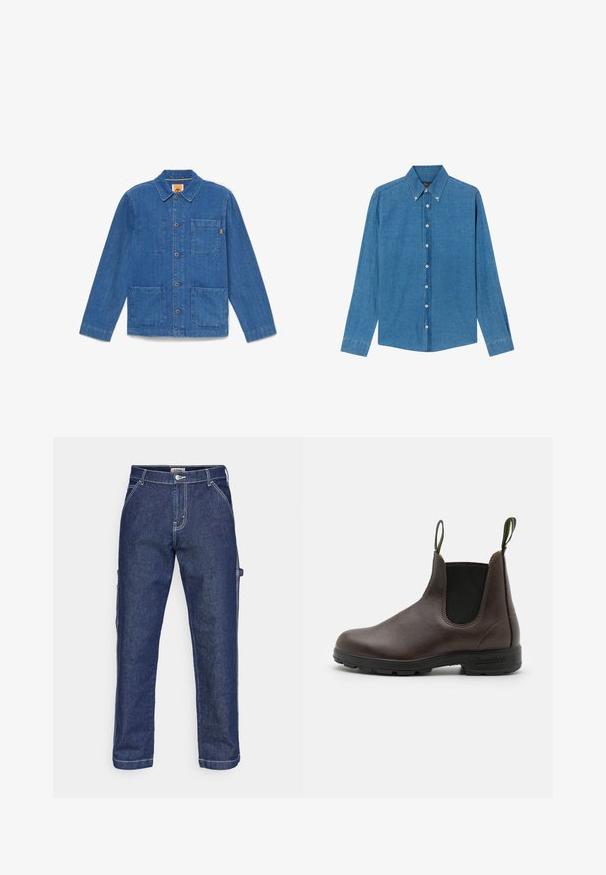 Veste en denim bleu boutonnée avec manches longues, col et trois poches plaquées à l'avant sur fond blanc uni.; Chemise en denim bleu avec un col button-down, des manches longues et des boutons sur le devant. Le tissu présente une finition texturée avec une coupe classique.; Pantalons cargo en denim bleu marine avec des coutures blanches. Comprend des poches latérales, un design à jambe droite et une fermeture à bouton classique.; Bottine Chelsea en cuir marron avec des panneaux élastiques sur les côtés, des anses en haut et une semelle en caoutchouc durable, présentant une finition lisse.