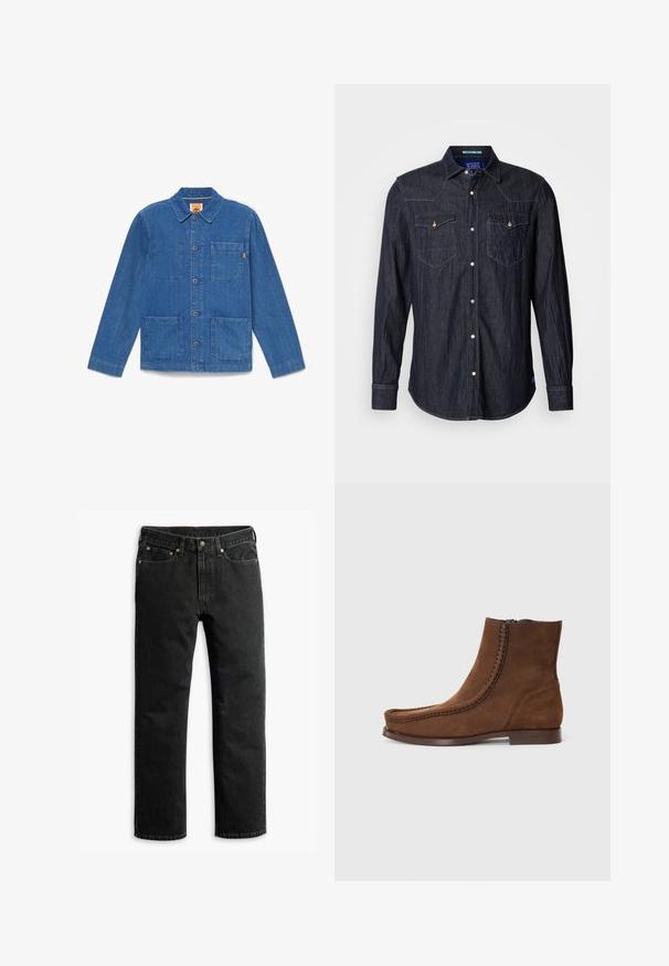 Sininen farkkutakki, jossa napit ja pitkät hihat, kaulus sekä kolme etutaskua, valkoisella taustalla.; Scotch & Soda REGULAR FIT WESTERN SHIRT - Vapaa-ajan kauluspaita - dark denim; Mustat suorat farkut viidellä taskulla, vyölenkeillä ja napitusvyöllä, asetettuina tasaisesti valkoista taustaa vasten.; Ruske nubuk ankle boots med en teksturert overflate, sidelukking, og dekorativ søm langs sømmen og tåområdet. Flat såle.