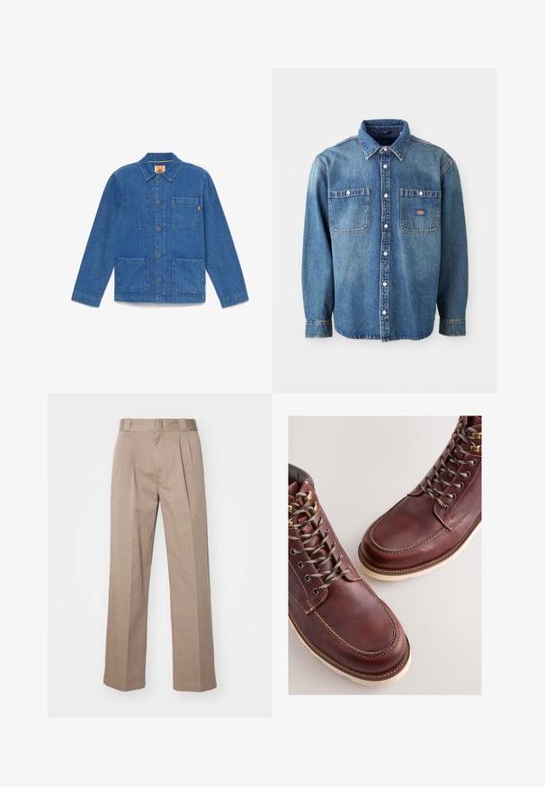 Blaue Jeansjacke mit Knöpfen, langen Ärmeln, Kragen und drei aufgesetzten Taschen auf weißem Hintergrund.; Jeanshemd in Mittelblau, mit spitzem Kragen, zwei Brusttaschen und silbernen Knöpfen. Lange Ärmel mit Knopfmanschetten.; Beige, hoch taillierte Hosen mit weit geschnittenem Design. Verfügbar mit zwei Vorderfalten und einer glatten Textur. Standardlänge mit einem sauberen Finish.; Braune Lederstiefel mit einer glatten Oberfläche, ausgestattet mit Metallösen, grauen Schnürsenkeln und einer cremefarbenen Gummisohle. Nahtdetail entlang der Kanten.