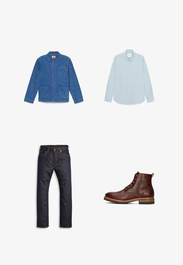 Blaue Jeansjacke mit Knöpfen, langen Ärmeln, Kragen und drei aufgesetzten Taschen auf weißem Hintergrund.; Hellblaues Hemd mit langen Ärmeln, Knopfleiste und Button-Down-Kragen mit weißen Knöpfen, innen am Kragen mit der Aufschrift "LES DEUX".; Dunkelblaue Jeans aus Denim mit geradem Schnitt, Fünf-Taschen-Design, metallischen Komponenten und kontrastierenden orangen Nähten. Glatte Textur, keine sichtbaren Muster.; Braune Leder-Ankle-Boots mit runder Zehenpartie, Schnürdesign, kontrastierendem Absatz und Laufsohle sowie geprägtem Logo an der Seite.