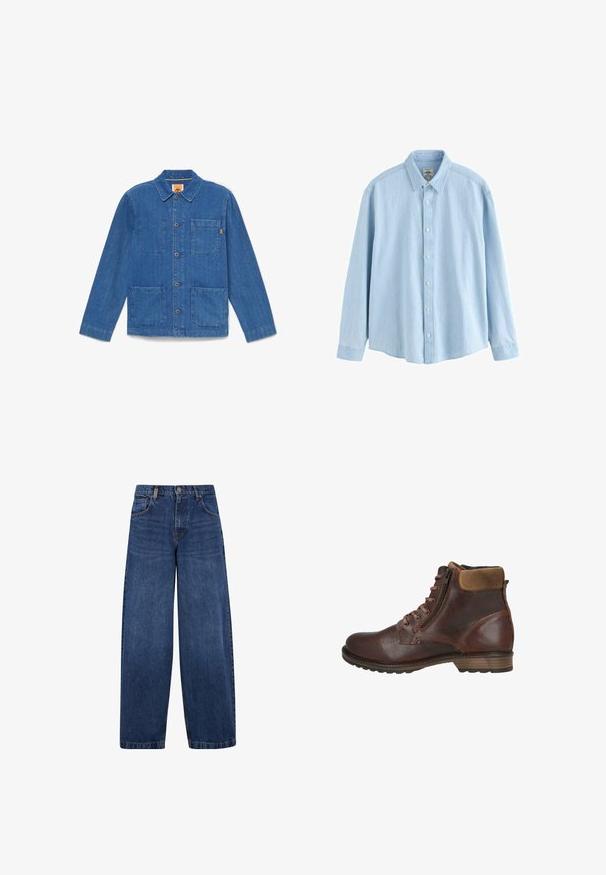 Chaqueta azul de mezclilla con botones, mangas largas, cuello y tres bolsillos delanteros de parche sobre fondo blanco liso.; Camisa de mezclilla azul claro de manga larga con botones y cuello, botones blancos, talla mediana, exhibida sobre un fondo blanco.; Vaqueros de mezclilla azul de pierna ancha con un diseño clásico de cinco bolsillos, cierre de botón y una textura ligeramente deslavada. Detalles de costura resistentes.; Botín marrón de cuero con cordones delanteros, cremallera lateral, cuello acolchado y tacón bajo apilado sobre fondo blanco.