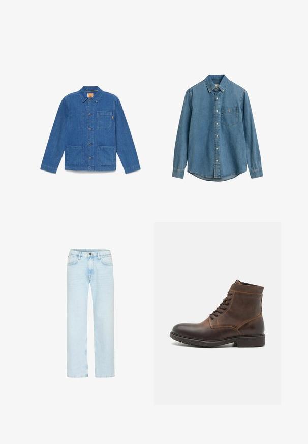 Chaqueta azul de mezclilla con botones, mangas largas, cuello y tres bolsillos delanteros de parche sobre fondo blanco liso.; Camisa de mezclilla de manga larga en azul claro. Presenta un collar con botones, un bolsillo en el pecho y un dobladillo curvado. Textura suave con costuras visibles.; Los jeans de denim azul claro cuentan con un diseño de pierna recta, con un cierre de botón clásico, cinco bolsillos y un ligero desgastado para aportar textura.; Jack & Jones JFWDELANEY BOOT - Botines con cordones - cognac