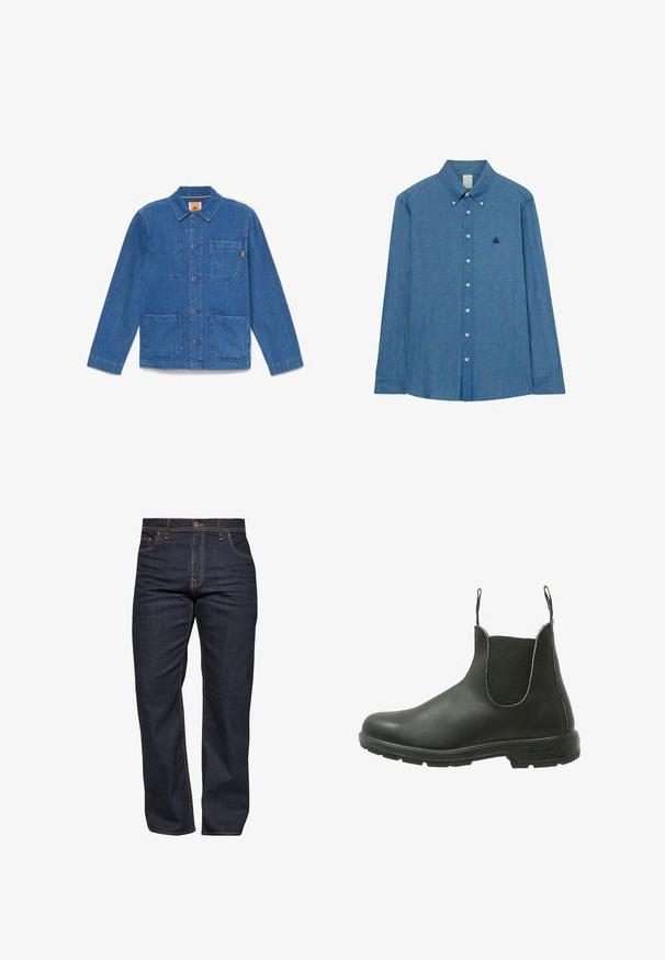 Blauwe denim jas met knopen, lange mouwen, kraag en drie opgestikte zakken aan de voorkant, afgebeeld op een effen witte achtergrond.; Lichtblauw chambray overhemd met lange mouwen, puntige kraag en een klein geborduurd logo op de linkerborst.; Donkerblauwe denim jeans met een rechte snit, contraststiksel, vijf zakken en een knoopsluiting in de taille.; Zwarte leren Chelsea-boot met elastische zijpanelen, ronde neus en een textuur rubberen zool, ontworpen voor gemakkelijke instap.