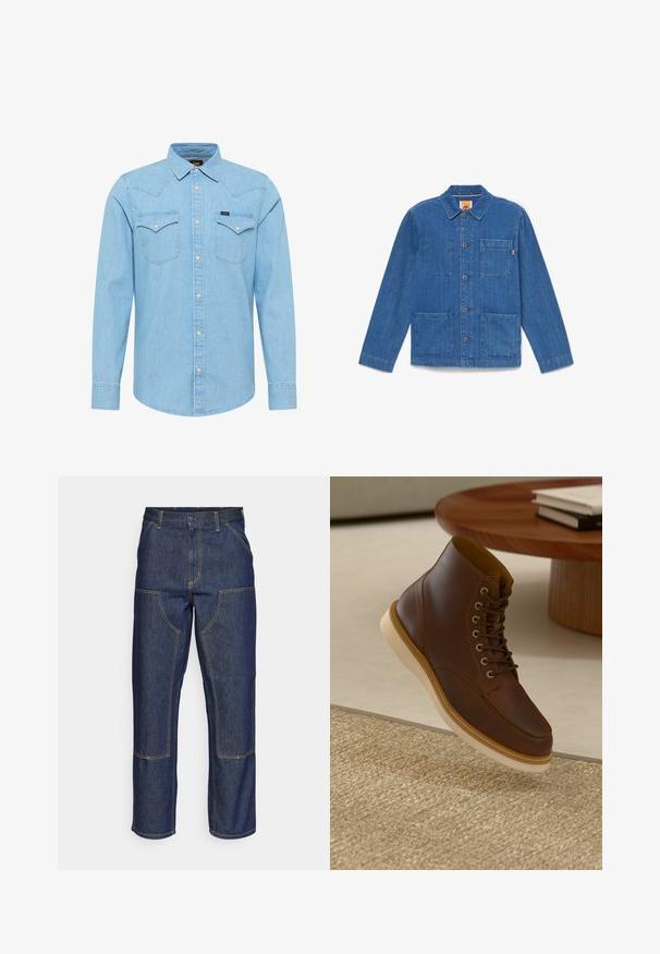 Blå denimjakke med knapper, lange ærmer, krave og tre forlommer på hvid baggrund.; Lyseblå denimskjorte med lange ærmer, knaplukning, to brystlommer med knapper, spids krave og lille Lee-logo på venstre lomme.; Mørkeblå denim jeans med høj talje, lige ben-design, kontrastsyninger og lappelommer foran.; Brune læderankelstøvle med beige sål på et struktureret beige tæppe ved siden af et rundt træbord med stakke af bøger.