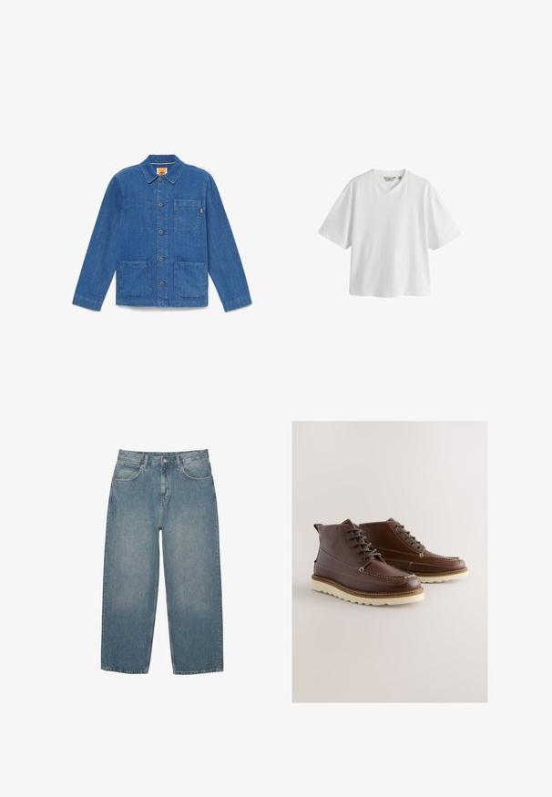 Blauwe denim jas met knopen, lange mouwen, kraag en drie opgestikte zakken aan de voorkant, afgebeeld op een effen witte achtergrond.; Wit T-shirt met korte mouwen en V-hals, losse pasvorm en eenvoudig ontwerp op een witte achtergrond.; Blauwe high-waisted straight-leg jeans met voorzakken, riemlussen, knoopsluiting en subtiele vervaging op een witte achtergrond.; Bruine leren laarzen met vetersluiting, witte stiksels en een contrasterende zool. Heeft een ronde neus en een enkelhoogte.