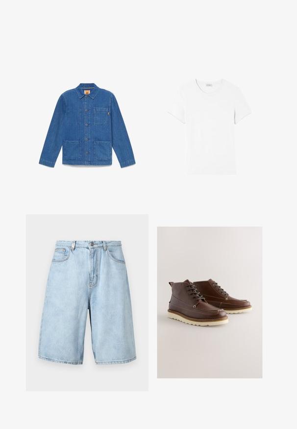 Blaue Jeansjacke mit Knöpfen, langen Ärmeln, Kragen und drei aufgesetzten Taschen auf weißem Hintergrund.; American Vintage GAMIPY - T-Shirt basic - blanc; Hellblaues Denim-Shorts mit lockerer Passform, ausgestattet mit zwei Fronttaschen, einem Reißverschluss und sichtbaren Nähten.; Braune Lederstiefel mit Schnürdesign, weißen Nähten und einer kontrastierenden Sohle. Verfügt über eine abgerundete Spitze und knöchelhohe Form.