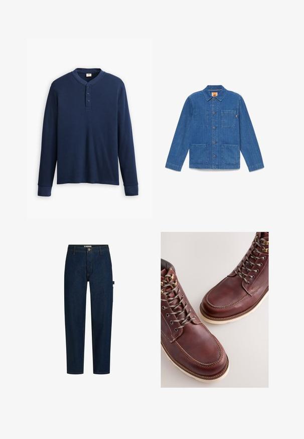Blauwe denim jas met knopen, lange mouwen, kraag en drie opgestikte zakken aan de voorkant, afgebeeld op een effen witte achtergrond.; Langdraagbare marineblauwe henley shirt van ribstof. Heeft een ronde halslijn en een knoopsluiting met drie knopen. De mouwen zijn aangesloten.; Donkerblauwe rechtvallende spijkerbroek met riemlussen, knoopsluiting en zijzak op het rechterbeen.; Bruine leren laarzen met een gladde afwerking, voorzien van metalen veteroogjes, grijze veters en een rubberen zool in crèmekleur. Stiksel detail langs de randen.