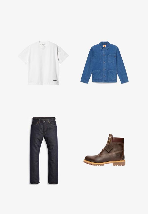 Blå denimjakke med knapper, lange ærmer, krave og tre forlommer på hvid baggrund.; Carhartt WIP LINK SCRIPT - T-shirts basic - white; Mørkeblå denimjeans med lige snit, fem-lomme design, metalbeslag og kontrasterende orange syninger. Glat tekstur, ingen synlige mønstre.; Brun læder ankelstøvle med rund tå, solid sål, hardware i guldtone og en tekstureret overdel. Inkluderer et logo-tagfæstet.