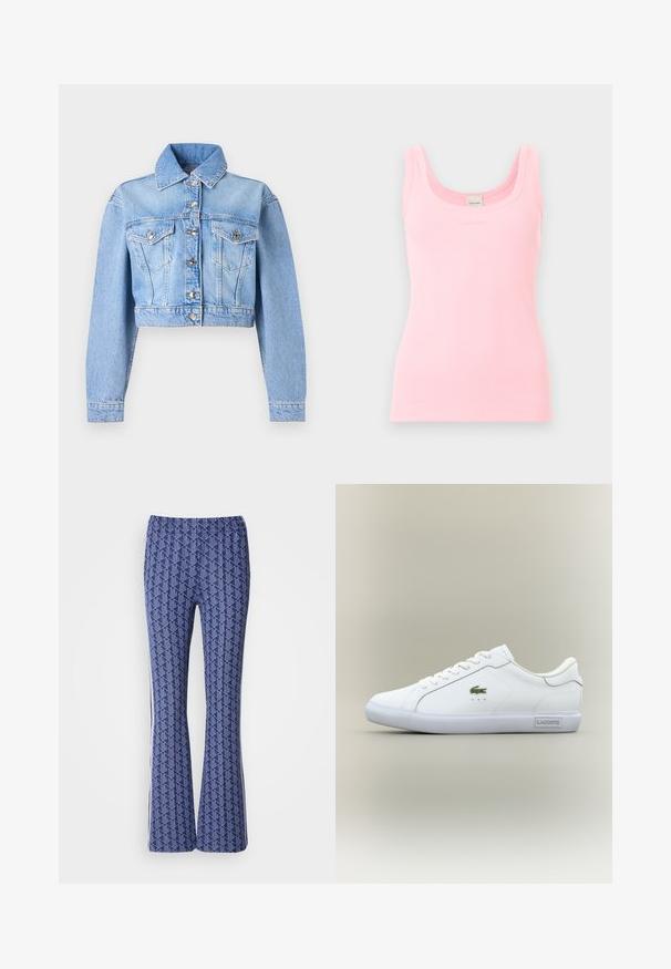 Lyseblå cropped denimjakke med lange ærmer, knaplukning foran, brystlommer med klap og klassisk krave.; Lyserød ribbet ærmeløs tanktop med rund halsudskæring og Calvin Klein-etiket på inderkraven bagpå.; Blå mønstrede bukser med udvidet ben, der har et geometrisk design, elastisk talje og hvide striber på siderne. Glat tekstur hele vejen igennem.; Hvide sneakers med lav hæl og hvide snørebånd, grønt krokodille-logo på siden og "Lacoste" mærke på sålen mod en neutral baggrund.