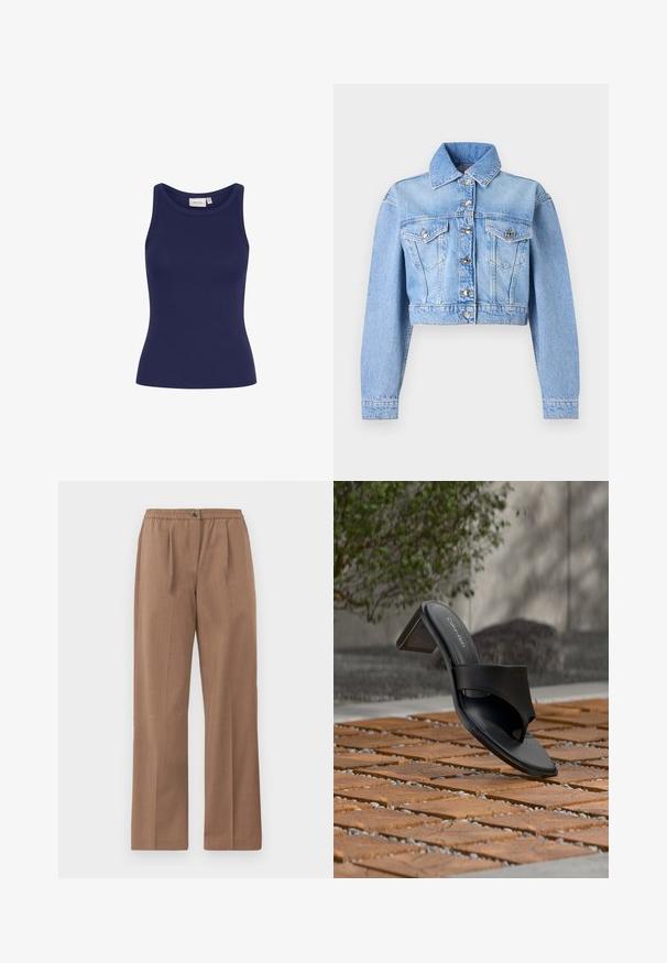 Vaaleansininen lyhyt farkkutakki, jossa on pitkät hihat, napillinen edessä, läppätaskut rinnassa ja klassinen kaulus.; Tummansininen ribbimäinen tanktoppi, jossa on pyöreä kaula-aukko ja slim fit -leikkaus. Ominaisuuksiin kuuluu pehmeä tekstuuri, eikä siinä ole näkyviä varusteita tai kuvioita.; Ruske leve hlače s širokimi nogami, elastičnim pasom in gumbnim zapiranjem. Gladka tekstura z rahlim leskom in brez vidnih vzorcev.; Musta Calvin Kleinin korkokengäsandaali varvassilmukalla, puisella laattalattialla ulkona, lähellä puuta ja kiviseinää.