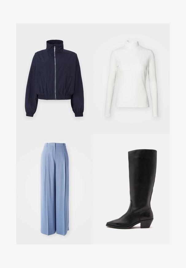 Marineblauwe cropped jacket, met een hoge kraag, voorrits, elastische tailleband en geplooide mouwen, gemaakt van lichtgewicht, gestructureerde stof.; Witte geribbelde coltrui met lange mouwen, gemaakt van rekbare stof. Heeft een getailleerd ontwerp en een hoge halslijn voor bedekking.; Lichtblauwe wijde broek met een gladde textuur, voorzien van plooien en riemlussen in de taille, ontworpen voor een comfortabele pasvorm.; Zwarte leren laars tot half op de kuit met een puntige neus en een lage schuine hak op een effen lichte achtergrond.