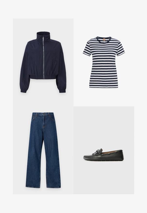 Veste courte navy, avec un col haut, un zip sur le devant, une taille élastique et des manches froncées, fabriquée en tissu léger et texturé.; T-shirt rayé bleu marine et blanc en coton doux, avec un col rond et des manches courtes, une silhouette ajustée et une étiquette logo discrète.; Jean large en denim bleu foncé avec un design classique à cinq poches. Présente des coutures contrastées et une fermeture par bouton à l'avant.; Bateau en cuir noir avec un bout arrondi, des détails de couture, un petit accent en nœud et une semelle en caoutchouc. Texture lisse et design épuré.