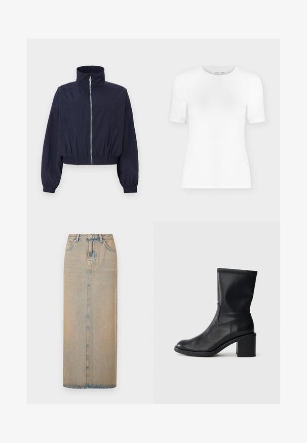 Marineblå cropped jakke med højt krave, frontlynlås, elastisk talje og samlede ærmer, lavet af letvægts, tekstureret stof.; Hvid T-shirt med rund hals, korte ærmer, slank pasform og ribbet stofstruktur, vist på en ensfarvet lys grå baggrund.; En lang denimnederdel i lyseblå med lige snit. Har fem lommer, bæltestropper og knaplukning foran. Fadede tekstur over det hele.; Sort læder ankelstøvle med rund tå, glat tekstur og en grov hæl, der har et tætsiddende skaft og subtil syning.