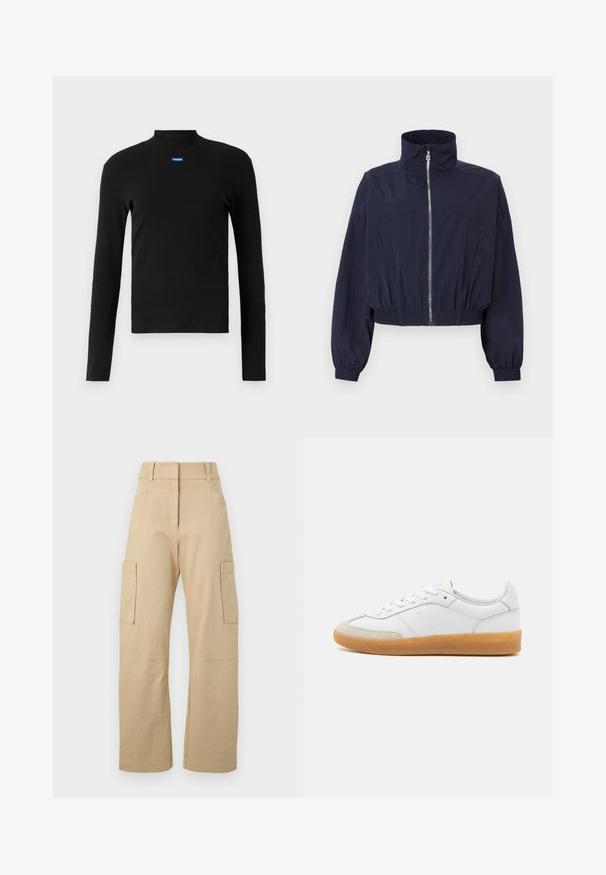 Marineblå cropped jakke med højt krave, frontlynlås, elastisk talje og samlede ærmer, lavet af letvægts, tekstureret stof.; HUGO EASY - Langærmet T-shirt - schwarz; Beige cargo bukser lavet af bomuld, med høj talje, vide ben, to sidelommer og to store cargolommer på lårene.; Hvide lædersneakers med beige ruskindsdetaljer, gummisål og snøredesign. Har diskret branding i guld.