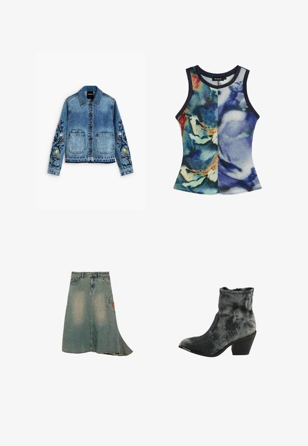 Blå cowboyjakke med frontknapper, to store frontlommer og blomstret broderi på begge ærmer.; Ærmeløs damesinglet med rund hals og abstrakt blå, grøn og beige akvarelprint, med mørke kanter.; Denim midi nederdel med falmet vask, forlommer, bæltestropper, knaplukning og en sidesøm med en rund patch-detalje.; Sort og grå tekstureret ankelstøvle med spids tå, lav stablet hæl og lynlås lukning bagpå.