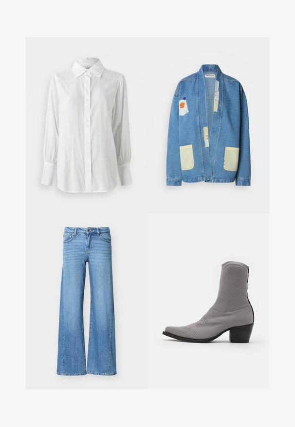 Chaqueta de denim en azul claro con un corte holgado, que presenta bolsillos amarillos, parches de tela mixta y detalles de costura visibles.; Camisa blanca de botones con rayas verticales, mangas largas abullonadas y cuello clásico. Presenta una fila de cinco botones en la parte delantera.; Vaqueros de mezclilla azul claro con cintura alta, cierre de botón y cremallera, bolsillos delanteros y piernas anchas.; N°21 BOOTS - Botines camperos - grey