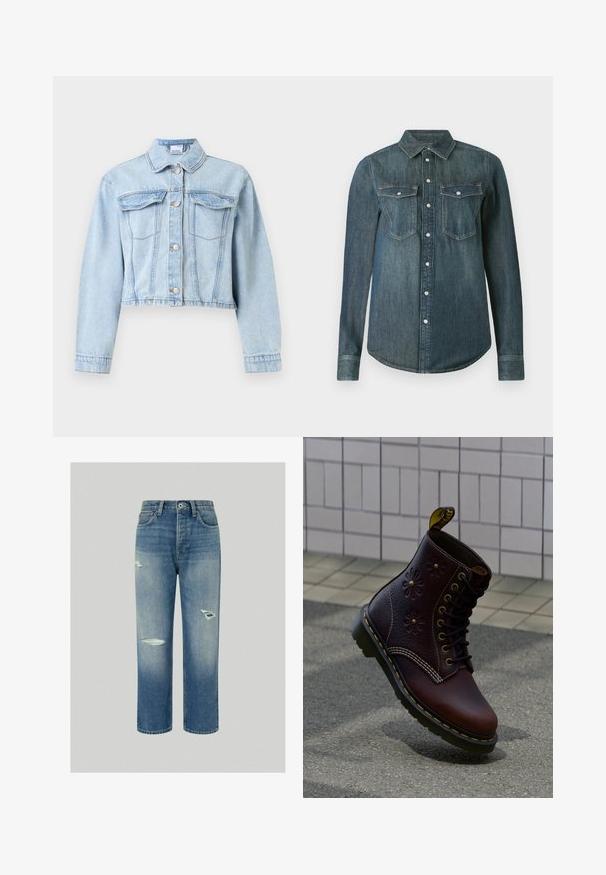 Vaaleansininen lyhyt farkkutakki, jossa pitkät hihat, napillinen edestä, terävä kaulus ja kaksi rintataskua läpileikkauksilla.; Tummansininen pitkähihaisen denim-paita, jossa napit edessä sekä kaksi rintataskua läppineen ja napein.; Siniset farkut rentoa mitoitusta, joissa on kulutetut tikkaukset ja suora lahkeensuunnittelu. Klassinen viisi taskua -design napituksella.; Tummanruskea nahkainen saapas, jossa kukkakoristeinen painatus ja keltaiset ompeleet, pystyasennossa kuvattuna karkealla päällysteellä ja taustalla laattoitettu seinä.