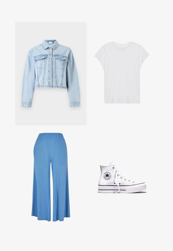 Hellblaue kurze Jeansjacke mit langen Ärmeln, Knopfverschluss vorne, spitzem Kragen und zwei Brustklappentaschen.; Weißes kurzärmliges T-Shirt mit Rundhalsausschnitt, lockerer Passform, aus weichem Baumwollstoff. Glatte Textur, keine Muster oder Logos.; Hellblaue weit geschnittene Hose aus weichem Stoff, mit einem elastischen Bund und einem lockeren Schnitt, der bis zur Mitte der Wade reicht.; Weißer Converse Chuck Taylor All Star High-Top-Sneaker mit schwarzen Streifen und Logo-Patch an der Seite, präsentiert vor einem schlichten weißen Hintergrund.