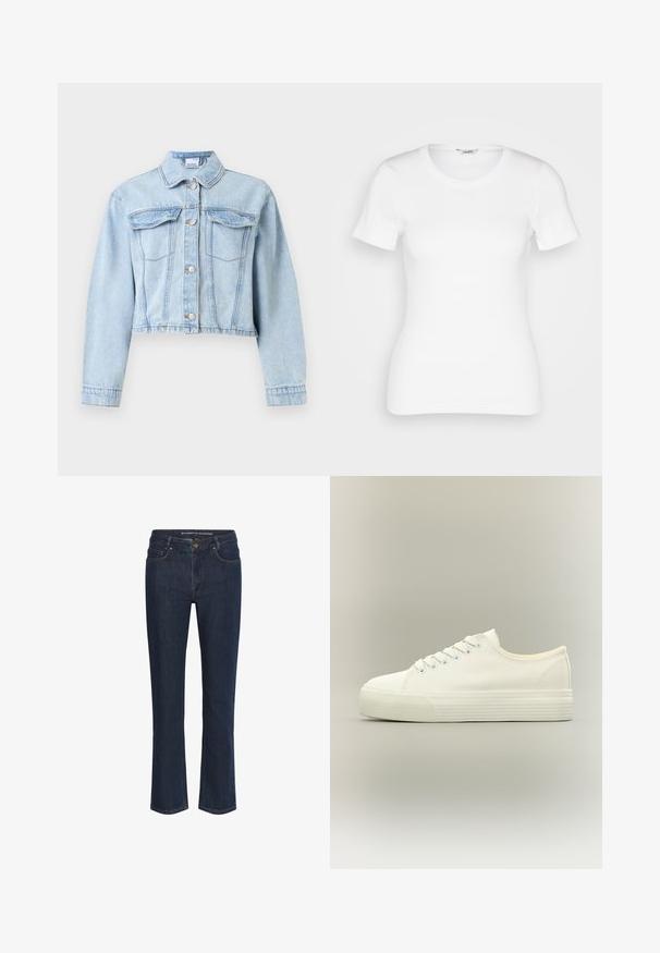 Lichtblauw cropped spijkerjasje met lange mouwen, knoopsluiting aan de voorkant, puntige kraag en twee borstzakken met klep.; Witte katoenen T-shirt met korte mouwen, ronde halslijn en ribbelstructuur. Strakke pasvorm met een gladde, schone afwerking.; Donkerblauwe rechte spijkerbroek met voorzakken, riemlussen en knoopsluiting.; Witte lage canvas sneaker met veters aan de voorkant en dikke, getextureerde rubberen zool op een neutrale achtergrond.