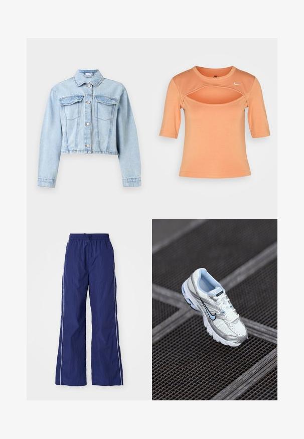 Vaaleansininen lyhyt farkkutakki, jossa pitkät hihat, napillinen edestä, terävä kaulus ja kaksi rintataskua läpileikkauksilla.; Nike Sportswear CUTOUT - Printtipaita - amber brown/sail; Laivansiniset, kevyet, leveälahkeiset housut, joissa on joustava vyötärö ja nyöri, sekä valkoiset sivuraidat ja ryppyinen pinta.; Valkoinen verkkomaisen urheilujalkine hopeanvärisillä yksityiskohdilla, vaaleansinisellä ompelulla ja mustalla swoosh-logolla. Varustettu pehmustetulla nilkkaremmillä ja teksturoidulla pohjalla.