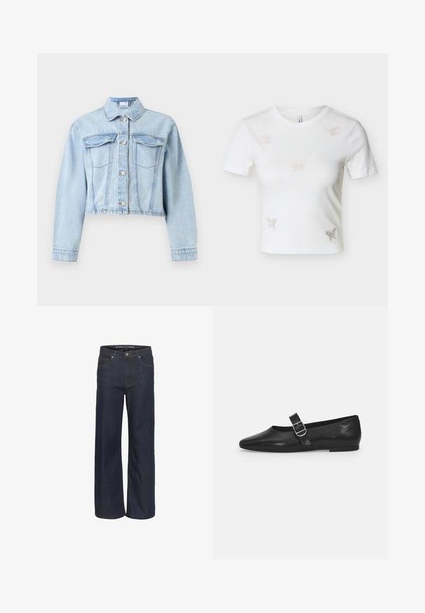 Hellblaue kurze Jeansjacke mit langen Ärmeln, Knopfverschluss vorne, spitzem Kragen und zwei Brustklappentaschen.; Weißes, kurzärmeliges, bauchfreies T-Shirt mit fünf kleinen Schmetterlingsverzierungen aus Strasssteinen auf der Vorderseite.; Dunkelblaues, weites Jeanspaar mit hoher Taille, das über fünf Taschen, kontrastierende Nähte und einen rohen Saum am unteren Ende verfügt.; Schwarzer Lederflatschuh mit runder Zehenform, einem verstellbaren Schnallenriemen und einer glatten, glänzenden Oberfläche. Minimalistisches Design mit einem niedrigen Absatz.