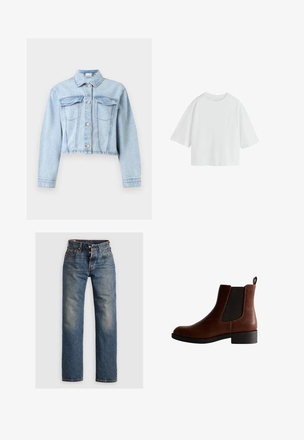 Hellblaue kurze Jeansjacke mit langen Ärmeln, Knopfverschluss vorne, spitzem Kragen und zwei Brustklappentaschen.; Schlichtes weißes oversized T-Shirt mit kurzen Ärmeln, rundem Ausschnitt und lockerem Schnitt.; Blaue Denim-Jeans mit geradem Bein, ausgestattet mit sichtbaren Nähten, einem Reißverschluss und fünf Taschen. Ausgewaschene Stellen sorgen für Textur.; Braune Lederknöchelstiefel mit elastischen Seitenpaneelen, runder Zehenpartie und niedrigem Blockabsatz. Mit kontrastierenden Nähten und einer Zuglasche.