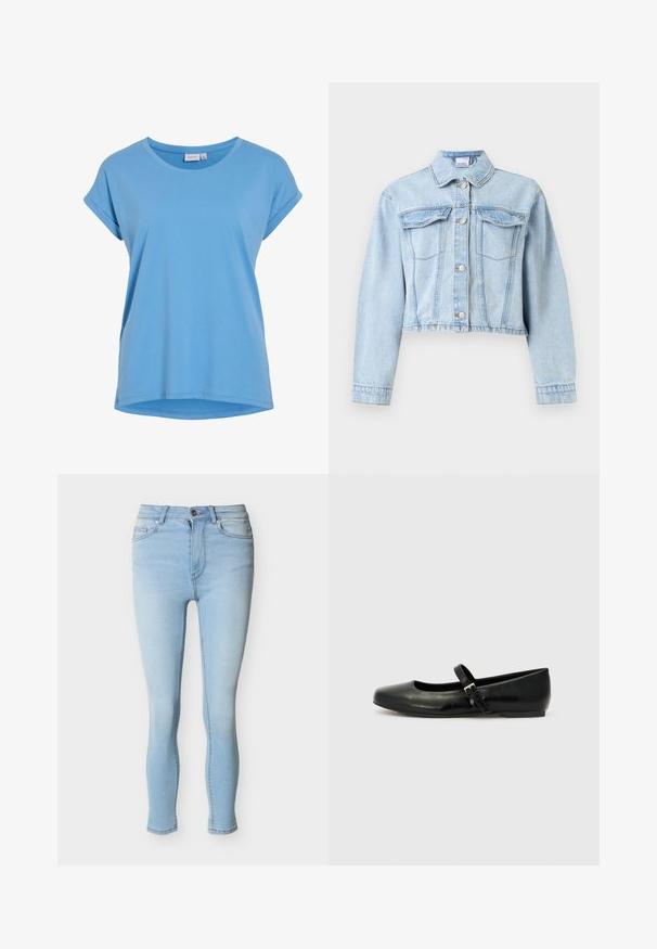 Chaqueta vaquera corta de color azul claro con mangas largas, cierre frontal con botones, cuello puntiagudo y dos bolsillos con solapa en el pecho.; Camiseta de manga corta azul clara con cuello redondo, de suave tela de algodón y un corte holgado. Presenta mangas enrolladas y un dobladillo curvado.; Vaqueros pitillo de cintura alta en azul claro con cierre de botón y cremallera, bolsillos delanteros y traseros, mostrados sobre un fondo blanco.; Bailarinas de cuero negro con punta redondeada, suela plana y una delgada correa ajustable en el empeine que cuenta con una hebilla de metal.