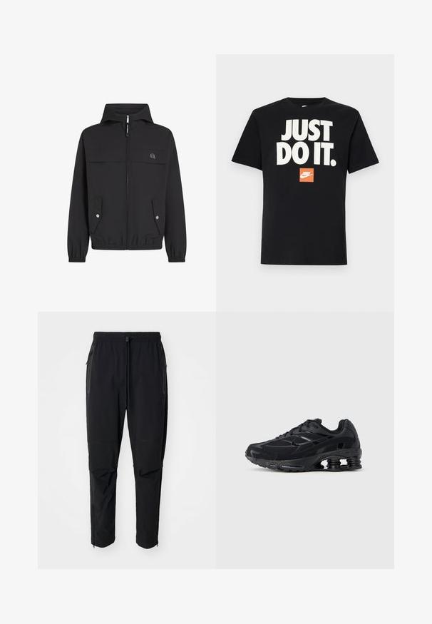 Schwarze Kapuzenjacke mit Reißverschluss, zwei Fronttaschen, elastischen Bündchen und einem einfachen Logo auf der linken Brust. Glattes, leichtes Material.; Schwarzes Baumwoll-T-Shirt mit kurzen Ärmeln. Mit großem weißen Text "JUST DO IT." über einem kleinen orangen Nike-Logo. Standard Rundhalsausschnitt.; Schwarze, leichte outdoor Hosen mit elastischem Bund und verstellbarem Zugschnur. Ausgestattet mit Reißverschlusstaschen und tapered Bündchen.; Schwarzer Sportschuh mit Obermaterial aus Mesh, gepolstertem Kragen und hervorgehobener Dämpfungstechnologie an der Ferse. Verfügt über strukturierte Akzente und Schnürsenkel.