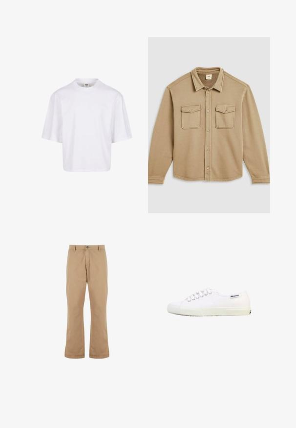Beige overhemd met knopen, een kraag, twee borstzakken en een zachte textuur. Heeft zichtbare stiksels en een afgeronde zoom.; Witte, kortekorte t-shirt met een ronde hals en een ontspannen pasvorm, gemaakt van een zachte katoenmix. Geen patronen of versieringen.; Beige katoenen broek met een rechte snit, voorzien van een knoopsluiting, zijzakken en een gladde textuur.; Witte laag uitgesneden canvas sneaker met witte veters, rubberen zool en klein zwart "Superga" logo bij de hiel op een witte achtergrond.