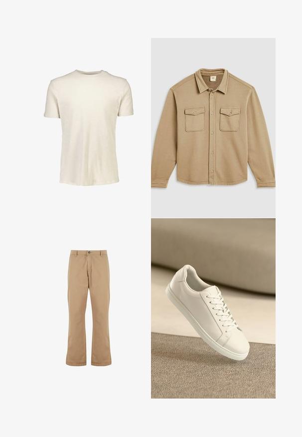 Tan skjorte med knappelukning, krave, to brystlommer og en blød tekstur. Har synlige stikninger og rundet kant.; Kortærmet T-shirt i lyse beige, lavet af blødt bomuld. Har en rund halsudskæring og en glat tekstur uden mønstre eller grafik.; Beige bomuldsbukser med lige pasform, der har knaplukning, forlommer og en glat tekstur.; Hvide lædersneakers med hvide snørebånd, præsenteret på en beige tekstureret overflade og med en blødt uskarp baggrund.