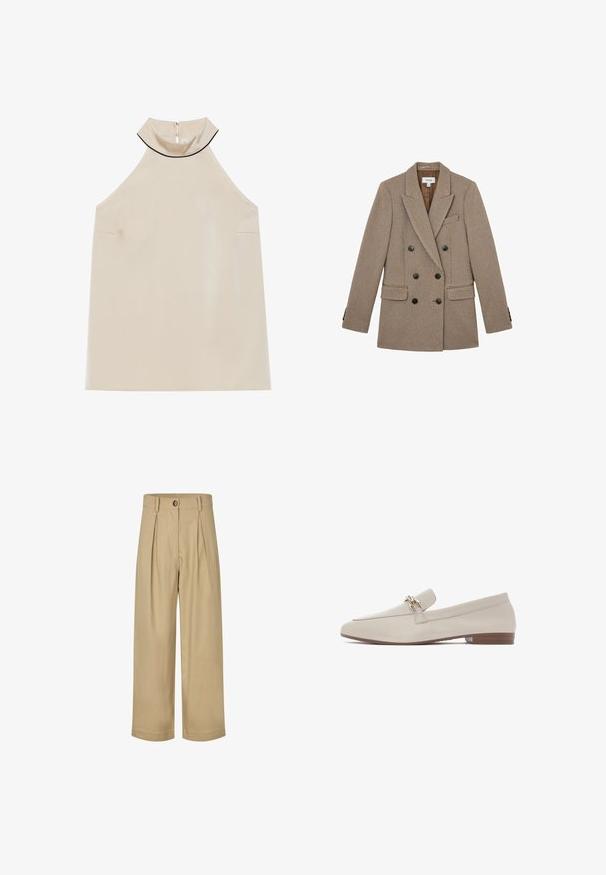 Bruin-beige geruite dubbelgeknoopte blazer met zwarte knopen en twee voorflapzakken, plat op een witte achtergrond gelegd.; Beige mouwloze haltertop van gladde stof met een hoge kraag en een rits aan de achterkant, met een minimalistisch ontwerp en geen zichtbare patronen.; Hoge taille beige wijde broek met voorplooien, een knoopsluiting, riemlussen en een gladde stofstructuur.; Beige leren instappers met een platte hak, voorzien van een decoratieve gouden gesp op de wreef en een minimalistisch ontwerp. Zachte textuur en gestroomlijnde vorm.