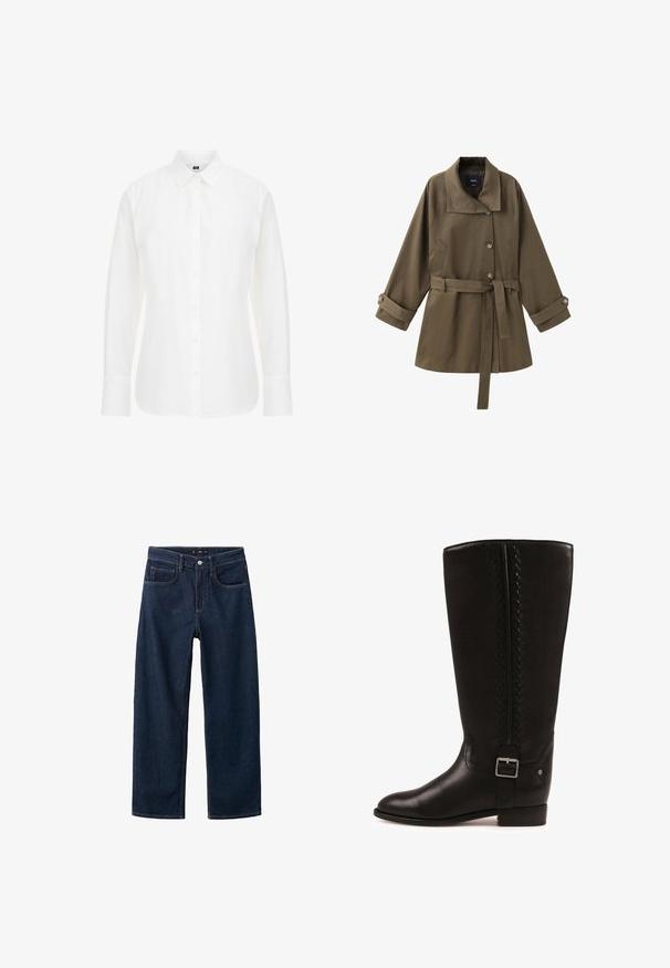 Olivengroene trenchcoat met riem, brede kraag, drie knopen aan de voorkant, lange mouwen met knoopmanchetten en zijzakken.; Witte langemouwen shirt van katoen, met een klassieke kraag, knopen aan de voorkant en een rechte zoom met iets afgeronde randen.; Donkerblauwe denim broek met een rechte pijp, voorzien van een klassieke vijf-pocket stijl, zichtbare stiksels en een knoopsluiting bij de taille.; Zwarte leren kniehoog laars met zijgesp, decoratieve stiksels langs de schacht en lage blokhak.
