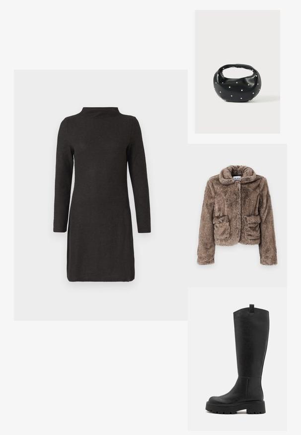 Braune Kunstfell-Cropped-Jacke mit Kragen, zwei Fronttaschen und einer weichen, strukturierten Oberfläche. Verfügt über einen verdeckten Verschluss für einen eleganten Look.; Schwarzes Langarmkleid mit hohem Kragen, gerippter Textur und taillierter Silhouette, das bis zur Mitte des Oberschenkels reicht.; Knielange schwarze Stiefel aus Kunstleder mit einer dicken Plattformsohle, runder Zehenpartie und einer Zuglasche oben. Glatte Textur und minimalistisches Design.; Schwarze Lederhandtasche mit abgerundeter Form, verziert mit silbernen Nietenakzenten und kurzem Griff. Glatte Struktur und Reißverschlussverschluss.