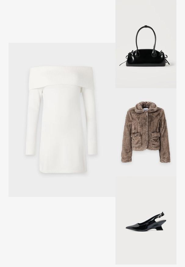 Braune Kunstfell-Cropped-Jacke mit Kragen, zwei Fronttaschen und einer weichen, strukturierten Oberfläche. Verfügt über einen verdeckten Verschluss für einen eleganten Look.; Weißer, schulterfreier Pullover mit geripptem Ausschnitt und langen Ärmeln. Weiche Textur, knielanges Design und enganliegende gerippte Bündchen.; Schwarzer Slingback-Schuh aus Lackleder mit spitzer Spitze und niedrigem, schrägem Blockabsatz auf einfachem hellem Hintergrund.; Kleine schwarze glänzende Handtasche mit zwei langen Griffen und seitlichen Kordelzug-Details vor einfachem hellem Hintergrund.
