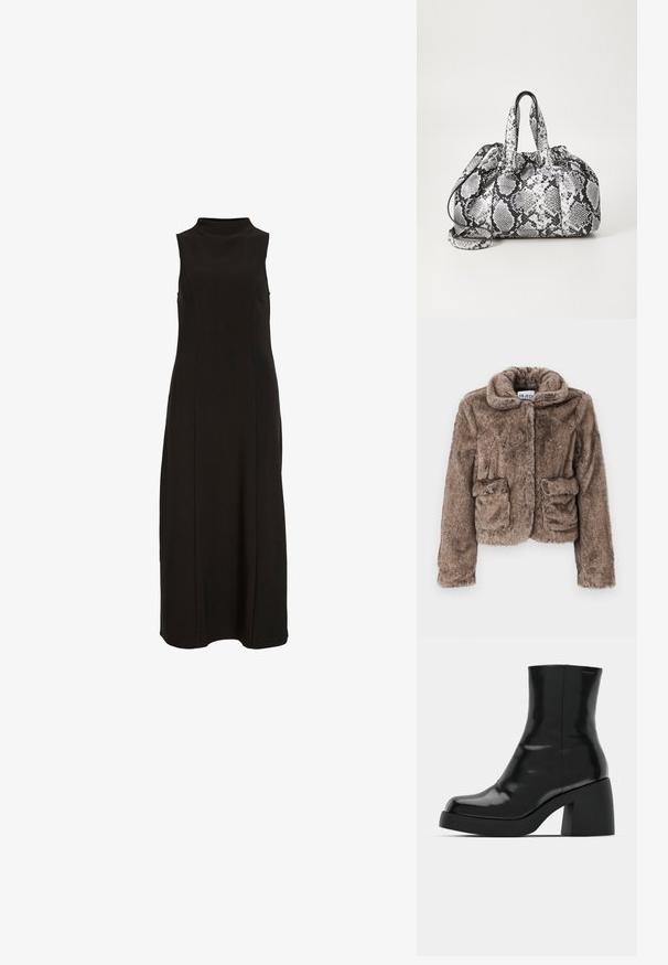 Braune Kunstfell-Cropped-Jacke mit Kragen, zwei Fronttaschen und einer weichen, strukturierten Oberfläche. Verfügt über einen verdeckten Verschluss für einen eleganten Look.; Schwarzes, ärmelloses Maxikleid mit hohem Kragen und einer geraden, figurbetonten Silhouette.; Schwarze Stiefeletten mit glänzender Oberfläche, quadratischer Zehenpartie und dicker Blockabsatz. Das Design zeichnet sich durch eine nahtlose Silhouette und minimalistische Markenkennzeichnung aus.; Schwarz-weiße Handtasche im Schlangenhautmuster mit zwei Griffen, einem Kordelzugverschluss und einem abnehmbaren Schultergurt. Glatte Textur.