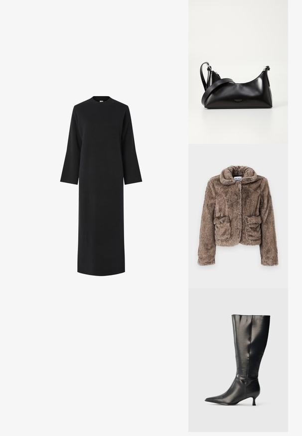 Chaqueta corta de piel sintética marrón con cuello, dos bolsillos frontales y un acabado suave y texturizado. Presenta un cierre oculto para un aspecto elegante.; Vestido negro de manga larga con cuello alto, hecho de una tela lisa y texturada. Presenta un corte recto y cae por debajo de las rodillas.; Bota negra de cuero hasta la rodilla, con punta afilada y tacón bajo tipo kitten, mostrada sobre un fondo claro y sencillo.; Bolso de mano de cuero negro con una textura suave. Cuenta con una correa ajustable y un diseño elegante y minimalista con cierre de cremallera.