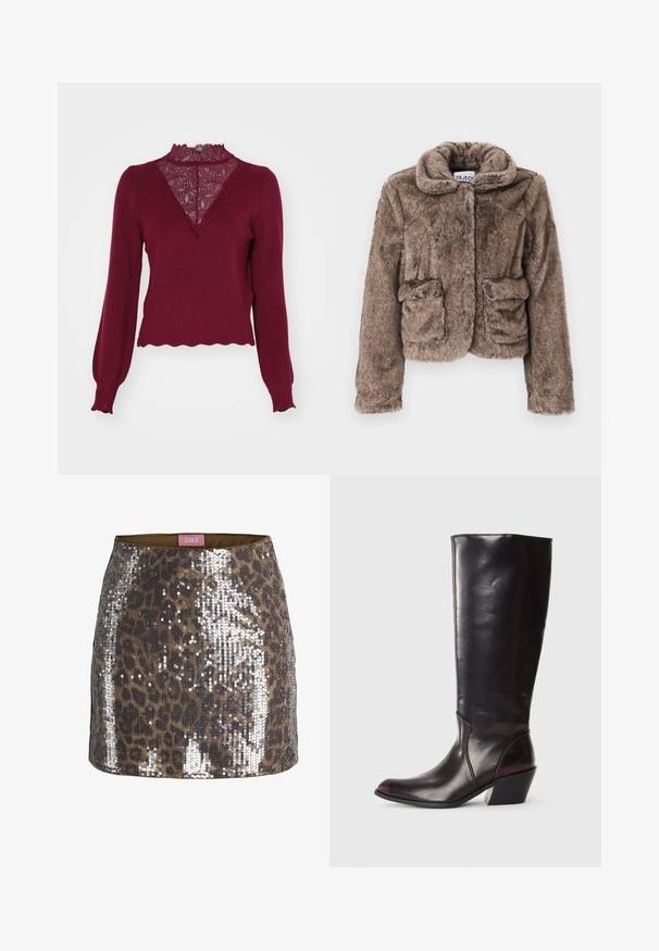 Brun faux fur cropped jakke med krave, to frontlommer og en blød, tekstureret overflade. Har en skjult lukning for et strømlinet udseende.; Bordeaux sweater med en blonderpanel og bølget kant. Lange ærmer med ribbede manchetter. Har en V-hals design og struktureret strik.; Brun og sort leopardmønstret mininederdel dækket af sølv-sekvenser med lyserød label på indersiden af linningen.; Knæhøj, mørkebrun læderstøvle med spids tå, vinkelret blokhæl og en glat, blank overflade. Har et enkelt design og syningsdetaljer.