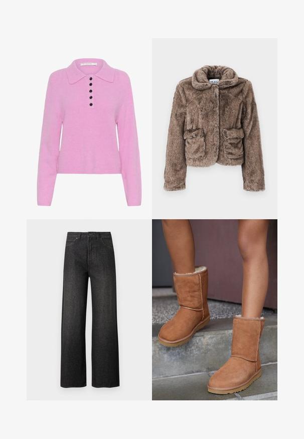 Veste cropped en fausse fourrure marron avec col, deux poches avant et une finition douce et texturée. Dispose d'une fermeture dissimulée pour un look épuré.; Pull en tricot rose avec col, doté d'une patte de boutonnage avec six boutons noirs, à manches longues et à la texture douce.; Jean noir taille haute à jambes larges avec poches avant, fermeture à boutons et passants pour ceinture sur un fond clair uni.; Bottines en suede marron, à bout rond, avec une doublure douce et une semelle en caoutchouc, présentant des détails de couture visibles le long des coutures.