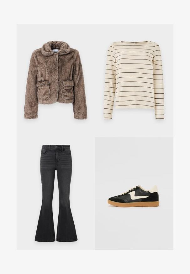 Veste cropped en fausse fourrure marron avec col, deux poches avant et une finition douce et texturée. Dispose d'une fermeture dissimulée pour un look épuré.; T-shirt beige à manches longues avec des rayures horizontales marron foncé, doté d'un col rond et d'une texture douce. Design simple et polyvalent.; Jean noir évasé en denim de couleur unie, avec une taille standard, cinq poches et des détails de couture subtils à l'avant.; Baskets en daim et cuir noir avec un swoosh latéral crème et un talon crème clair. Dotées de lacets beige et d'une semelle en caoutchouc gomme.
