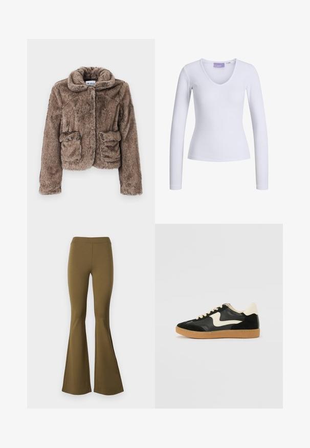 Veste cropped en fausse fourrure marron avec col, deux poches avant et une finition douce et texturée. Dispose d'une fermeture dissimulée pour un look épuré.; Haut à manches longues blanc avec une texture côtelée et un design en V. Étiquette visible à l'intérieur du col avec le nom de la marque "JJXX."; Pantalons évasés taille haute en vert olive. Fabriqués en tissu extensible, ils présentent une texture lisse et un bas en cloche large à partir du genou.; Baskets en daim et cuir noir avec un swoosh latéral crème et un talon crème clair. Dotées de lacets beige et d'une semelle en caoutchouc gomme.