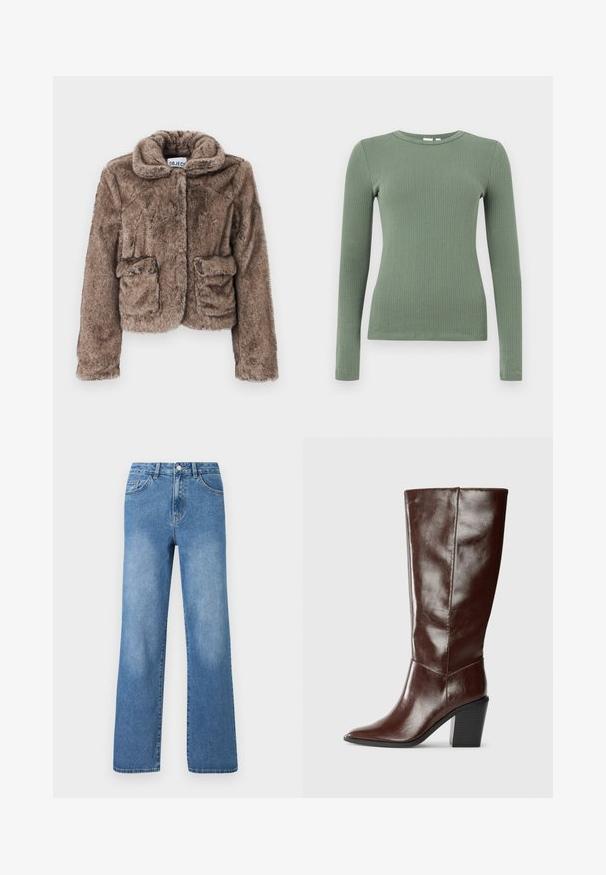 Braune Kunstfell-Cropped-Jacke mit Kragen, zwei Fronttaschen und einer weichen, strukturierten Oberfläche. Verfügt über einen verdeckten Verschluss für einen eleganten Look.; Langarm-Oberteil mit geripptem Strick, Rundhalsausschnitt in gedämpftem Grün mit figurbetonter Passform.; Hellblaue Jeans aus Denim mit hoher Taille, weitem Bein, fünf Taschen und sichtbaren Nähte. Glatte Textur mit leichtem Verblassen.; Hohe, dunkelbraune Lederstiefel mit einer spitzen Zehe und einem gestapelten Blockabsatz, seitlich vor einem schlichten Hintergrund dargestellt.