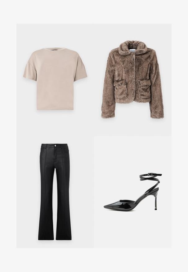 Veste cropped en fausse fourrure marron avec col, deux poches avant et une finition douce et texturée. Dispose d'une fermeture dissimulée pour un look épuré.; T-shirt beige en coton, à manches courtes, oversize, avec col rond et ourlet droit, sur un fond clair uni.; Pantalons évasés noirs en matériau synthétique lisse, dotés d'une taille haute, de poches avant et d'un détail de couture visible le long des jambes.; Escarpin à talon aiguille en cuir verni noir, bout pointu, fines lanières à la cheville et petite boucle.
