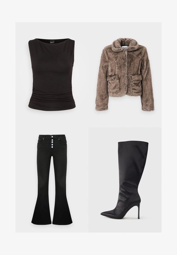 Braune Kunstfell-Cropped-Jacke mit Kragen, zwei Fronttaschen und einer weichen, strukturierten Oberfläche. Verfügt über einen verdeckten Verschluss für einen eleganten Look.; Schwarzes ärmelloses Top aus dehnbarem Stoff, mit einem Bootsausschnitt und gerafften Details an der Taille, das eine taillierte Silhouette bietet.; Schwarze Schlagjeans mit hohem Bund, fünf Knöpfen am Verschluss, weicher Denim-Textur und dezenten Nahtdetails an Taschen und Nähten.; Schwarzer kniehoher Stiletto-Stiefel aus glattem, elegantem Material; spitze Zehe; enganliegend mit subtilen Falten nahe dem Knöchel; glänzender Absatz.