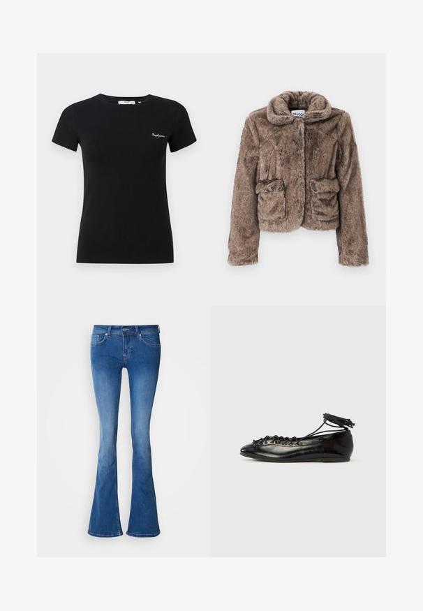 Brun faux fur cropped jakke med krave, to frontlommer og en blød, tekstureret overflade. Har en skjult lukning for et strømlinet udseende.; Sort tætsiddende T-shirt med korte ærmer, rund hals og lille hvidt "Pepe Jeans" logo på venstre bryst.; Blå denim flared jeans med talje i midten, kontrastsyning og klassisk design med fem lommer. Glat tekstur, let falmning foran.; Sorte balletflade sko i laklæder med rundet tå, snørelukning og flad sål. Glat tekstur med få detaljer.