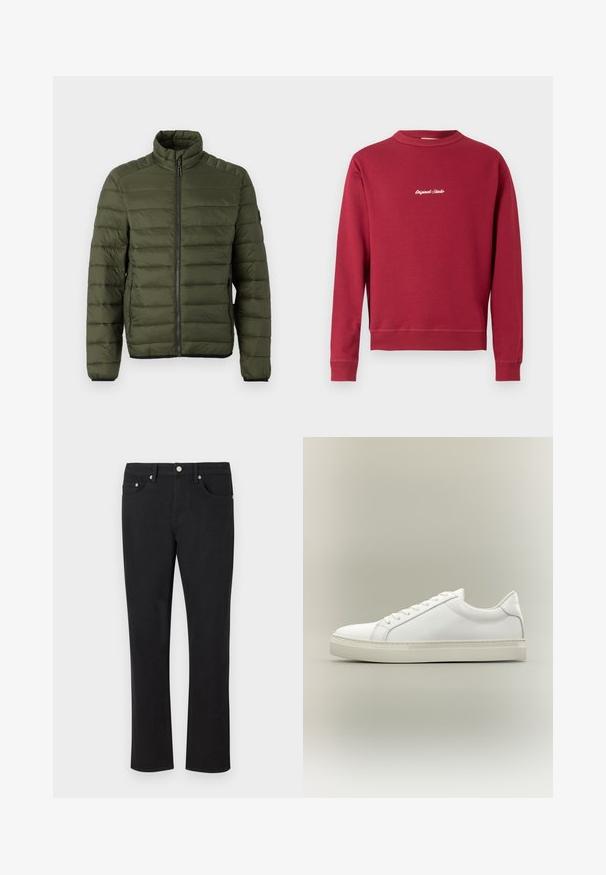 Olivengrøn quiltet jakke med opretstående krave, fuld lynlås foran og lynlåslommer i siden, designet til varme og afslappet brug.; Bordeaux sweatshirt lavet af en bomuldsblanding med rund hals, ribbede manschetter og nederste kant. Har hvidt broderet tekst "Original Studio" på forsiden.; Sorte denimjeans med lige ben, der har fem lommer og sølvhardware med en glat tekstur. Ingen mønstre eller accenter.; Hvid lavtop sneaker med snørebånd foran og tyk sål, vist fra siden mod en neutral baggrund.